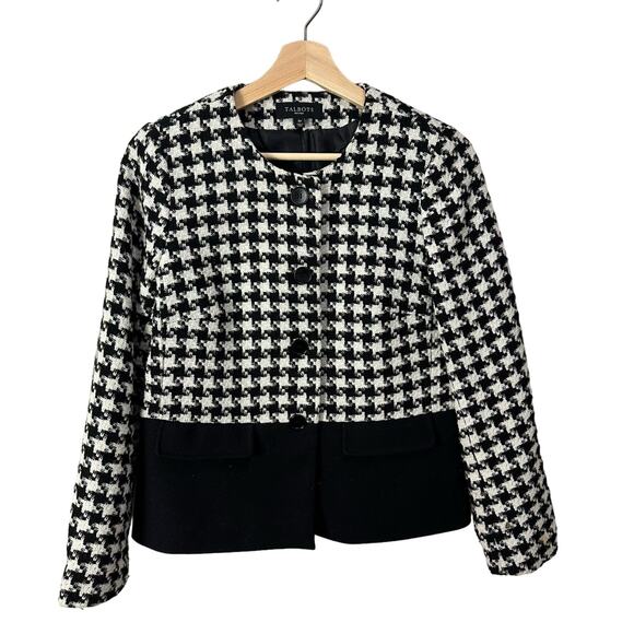 Talbots Black White Houdstooth Plaid Colorblock Wool Blazer Jacket 6P 6 Petite - Picture 1 of 10